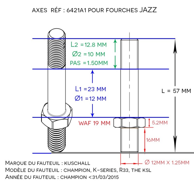 Axe de fourche pour fauteuil roulant JAZZ Ø 12 mm
